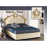 Letto  matrimoniale con contenitore testiera barocco in tessuto damascato 172x202xh.165 cm