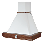 FOSCA white rustic kitchen hood with tobacco colored wooden frame and 120 cm clock