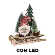 Wooden gnome on red led sled cm18x7h18,5