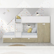 Bedroom with bunk bed with drawers and wardrobe in oak and white