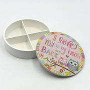 Round wooden box with owls cmø19h5