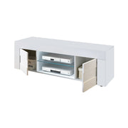 Glossy white TV stand base with 2 concrete gray doors L.138 D.42 H.44 cm