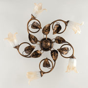 Iron ceiling light Brown Gold White Amber glasses five lights 70x h20 cm