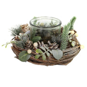 Candle holder with pine cones and white berriescmø22h11