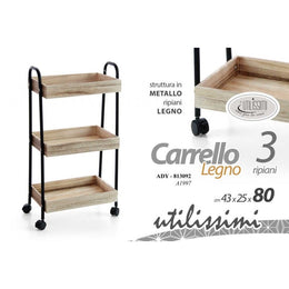 Carrello industrial ruote  legno per cucina  cm 43 x 25 x 79 h