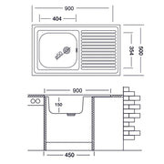 Kitchen sink with right drip tray in steel 50x90 cm