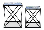 Coffee tables set in black steel with marine pattern REEF K04 2 pieces