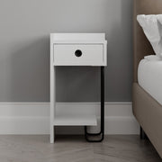 Sirius white bedside table with drawer and left black metal leg