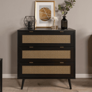 Vienna03A 3-drawer black chest of drawers with wicker fronts