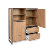 High sideboard with drawers, open compartment, oak, antacite profiles, 120 x 40 x 140 h cm