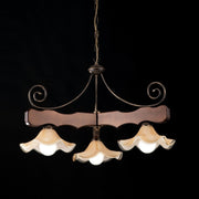 Antique Walnut wood and iron chandelier three lights glass lampshades 80x h50 cm