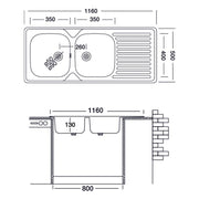 Kitchen sink with two built-in steel basins with drainer on the right 50x116 cm (N138DX35)