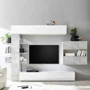 White and concrete living room wall unit L.295xD30xh.187 cm