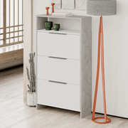 Kaju shoe cabinet with 3 white flap doors and gray marble effect structure