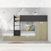 Bedroom with bunk bed with drawers and wardrobe in oak and anthracite
