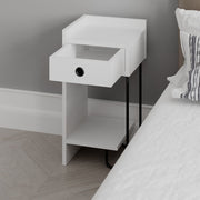 Sirius white bedside table with drawer and left black metal leg