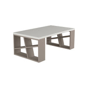 Honey living room table with white top and dove gray legs