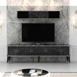 (3c)TV stand with wall unit Bientv 180 black marble effect with silver details (BIENTV)