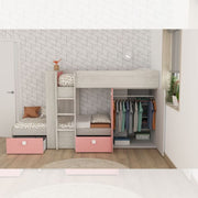 Bedroom 1267 with bunk bed with two drawers and wardrobe in worn white and flamingo pink