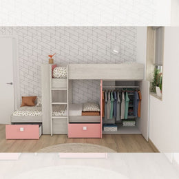 Bedroom 1267 with bunk bed with two drawers and wardrobe in worn white and flamingo pink