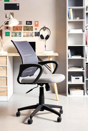 Gray office chair with wheels and armrests