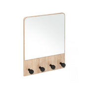 Coat hanger with mirror in Natural wood with four hooks 37x6x h50 cm