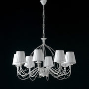 Shabby white iron chandelier eight lights white lampshades 83x h49 cm