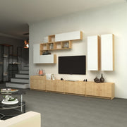 Equipped wall with four flaps and six wall units White Oak DOMINO 280x35x h 40-50 cm