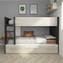 Bedroom with bunk bed with pull-out bed in worn white and reversible anthracite