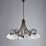 Rust black iron chandelier eight lights Alabaster white glass lampshades 81x h55 cm