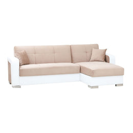 White faux leather and beige fabric sofa bed with peninsula on the right 240x140xh.88 cm