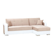 White faux leather and beige fabric sofa bed with peninsula on the right 240x140xh.88 cm