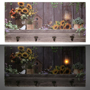 4-seater wooden hanger with sunflower led cm60x30x1,8
