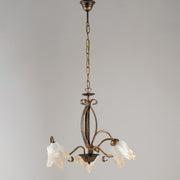 Brown Gold iron chandelier three lights Amber White glass lampshades 51x h43 cm