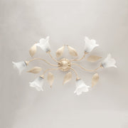 Six lights Iron Ivory Gold ceiling lamp with White Alabaster glass 95x52x h20 cm