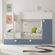 Bedroom with bunk bed and pull-out bed with integrated wardrobe in worn white and light blue