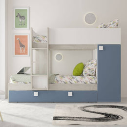 Bedroom with bunk bed and pull-out bed with integrated wardrobe in worn white and light blue