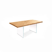 Table in veneered oak and legs in tempered glass 160x76h cm