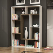 Liam bookcase white geometric detail walnut 100x136h