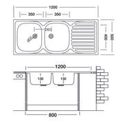 Two bowl kitchen sink with left steel drainer 50x120 cm (N127SX)