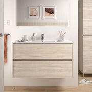 Claros100 caledonian oak suspended bathroom cabinet with 2-drawer washbasin 100x45x56h