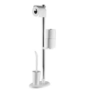 Floor Standing Toilet Roll Holder - White Aluminum with Plastic Brush Holder - 27 x 19 x 69 cm