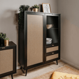 Showcase Vienna53A 2 doors and 2 drawers black with wicker effect fronts