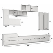 Equipped wall with four flaps and six wall units White Oak DOMINO 280x35x h 40-50 cm