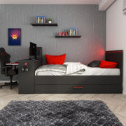 Bedroom 5040 with single bed with pull-out bed and built-in desk in anthracite and reversible red