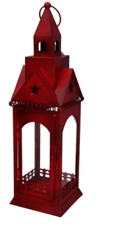 Square red metal lantern 13x13h45,5 cm