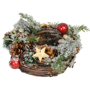 Snow covered candle holder with red berries and pine cones cm ø24h14