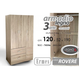 Armadio tre  ante rovere con cassetti  cm 120 x 52 x 190 h