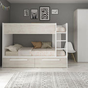 Bedroom with bunk bed with drawers in worn white and reversible white