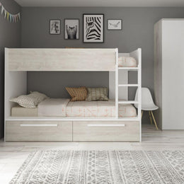 Bedroom with bunk bed with drawers in worn white and reversible white